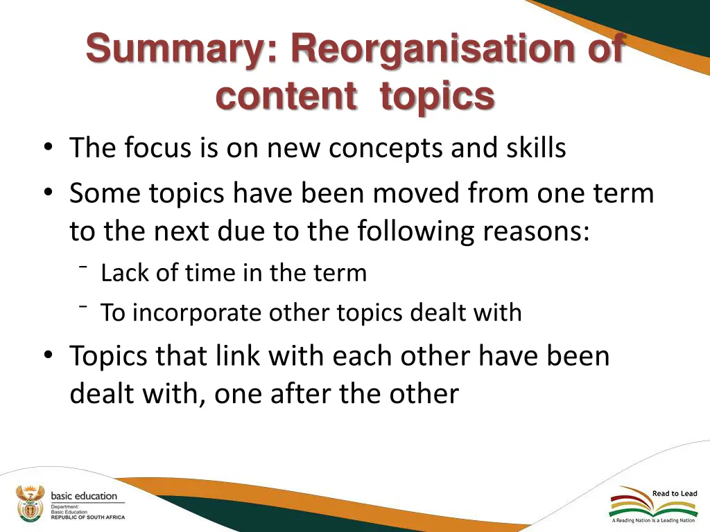 summary reorganisation of content topics