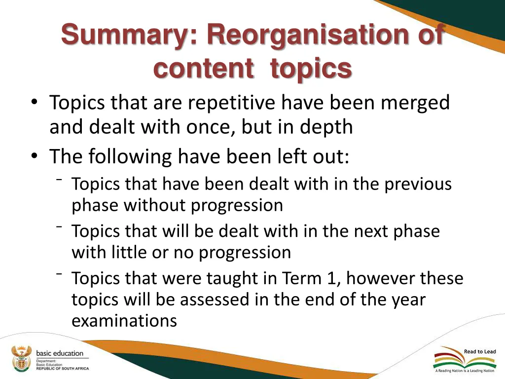 summary reorganisation of content topics topics