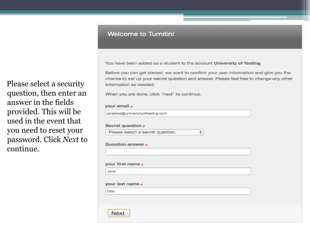 please select a security question then enter