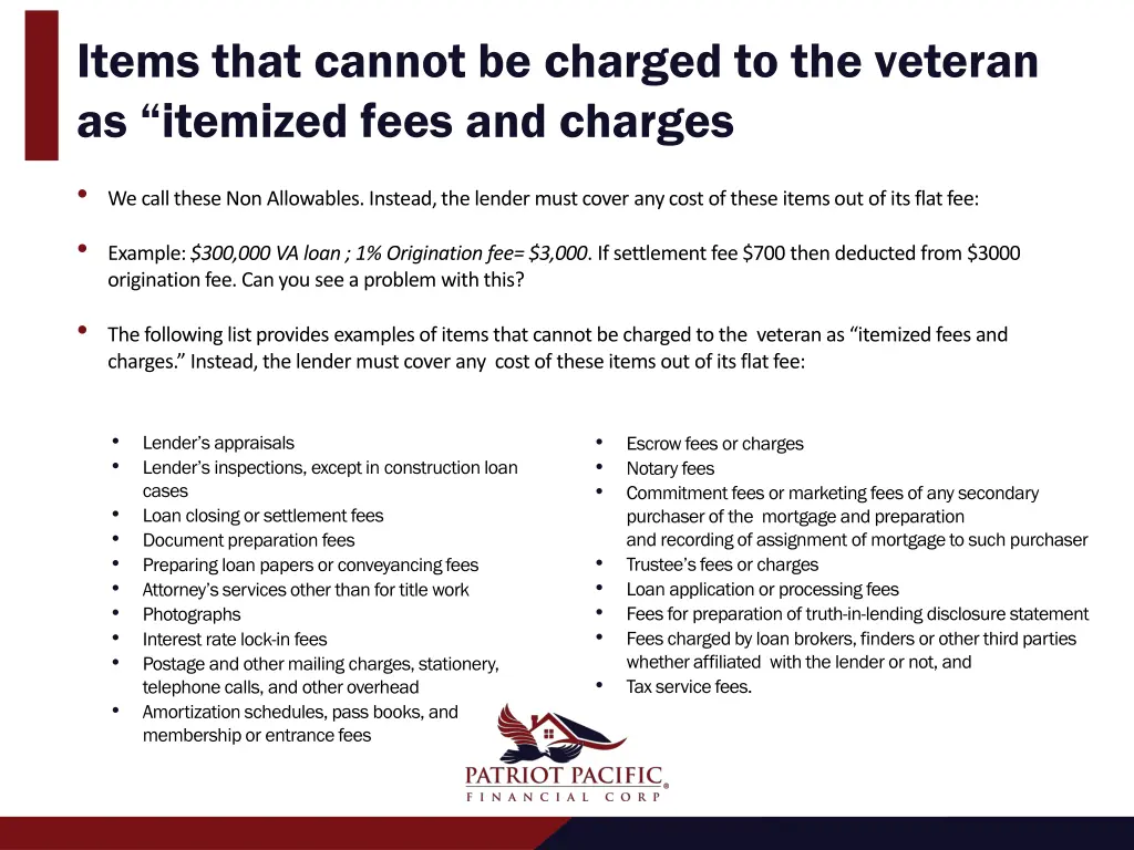 items that cannot be charged to the veteran