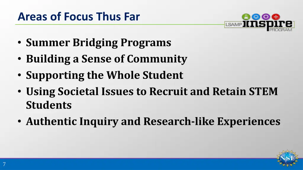 areas of focus thus far