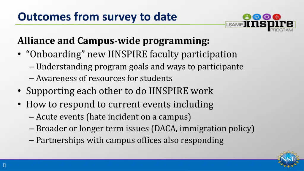 outcomes from survey to date