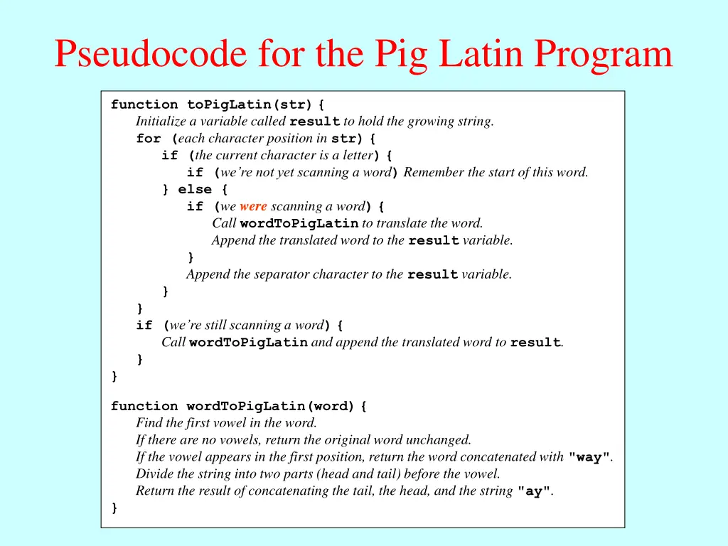 pseudocode for the pig latin program