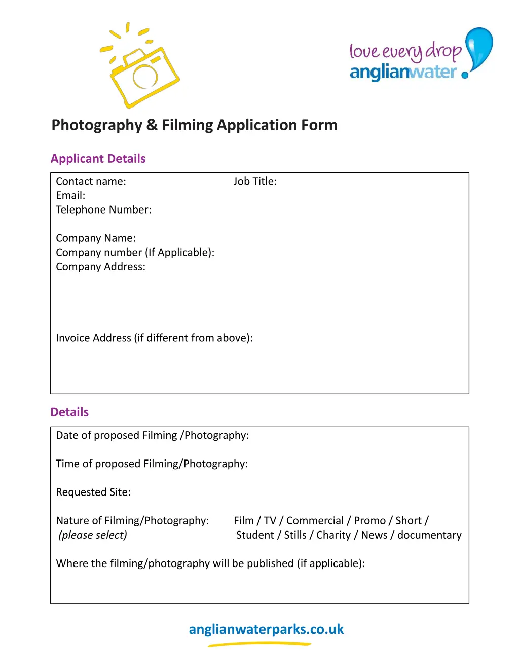 photography filming application form
