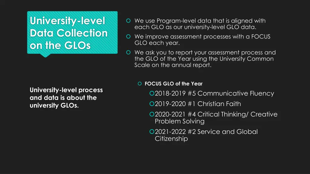 university level data collection on the glos