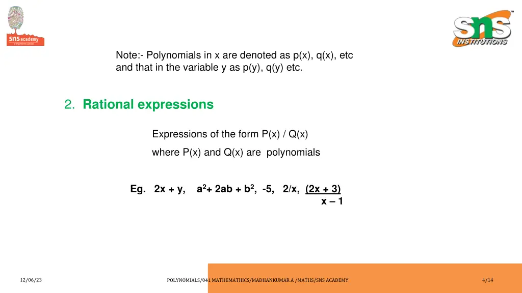 note polynomials in x are denoted