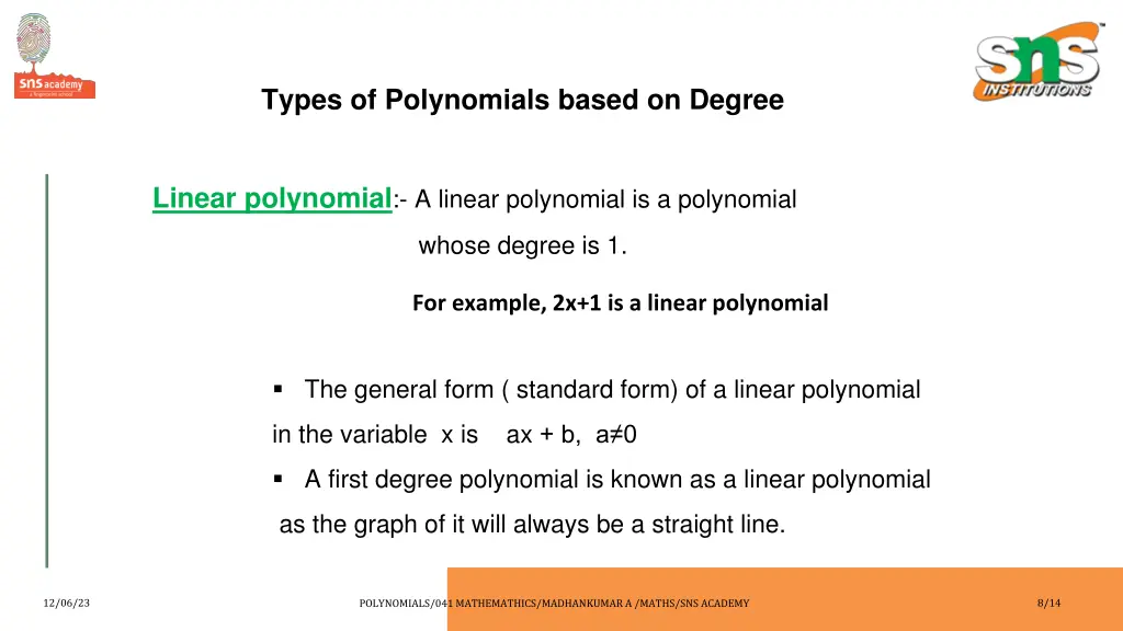 types of polynomials based on degree