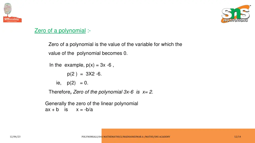 zero of a polynomial
