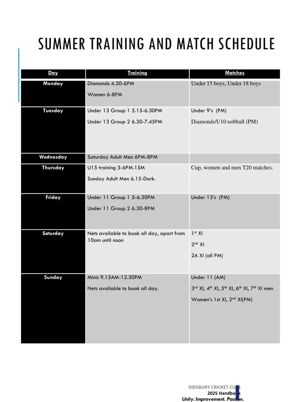 summer training and match schedule