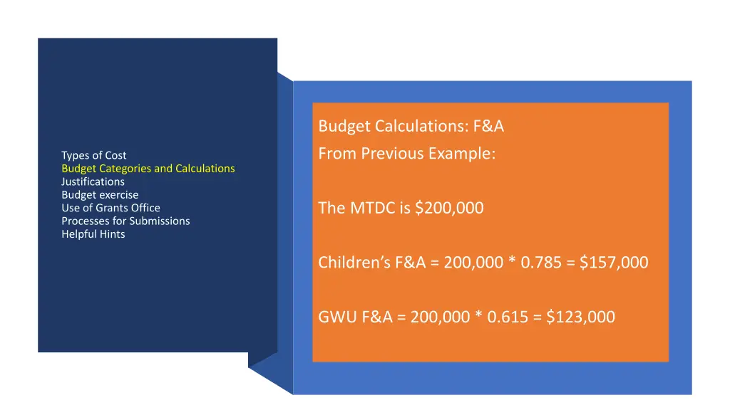 budget calculations f a from previous example