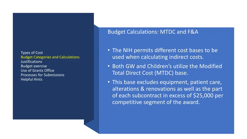 budget calculations mtdc and f a