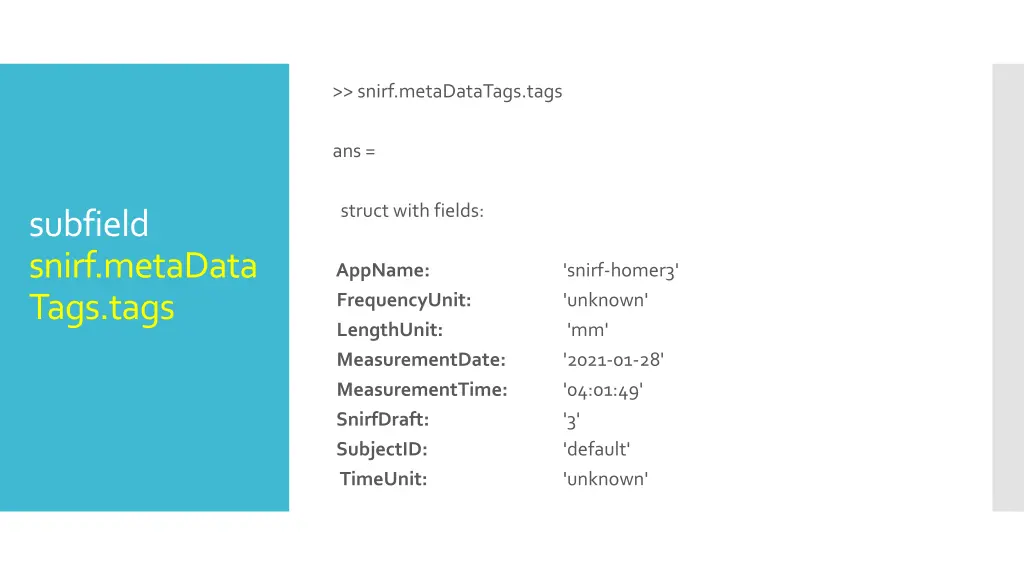 snirf metadatatags tags