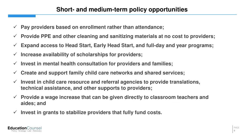 short and medium term policy opportunities