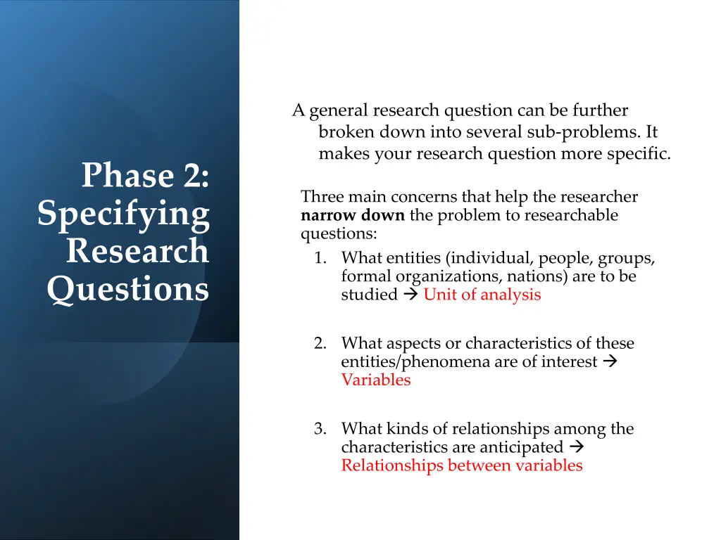 a general research question can be further broken