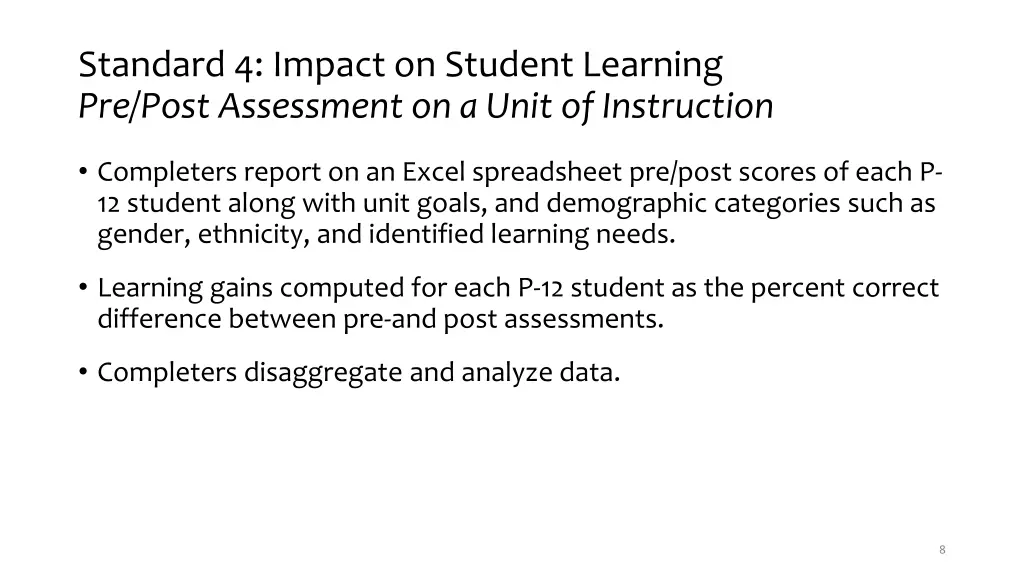 standard 4 impact on student learning pre post 1