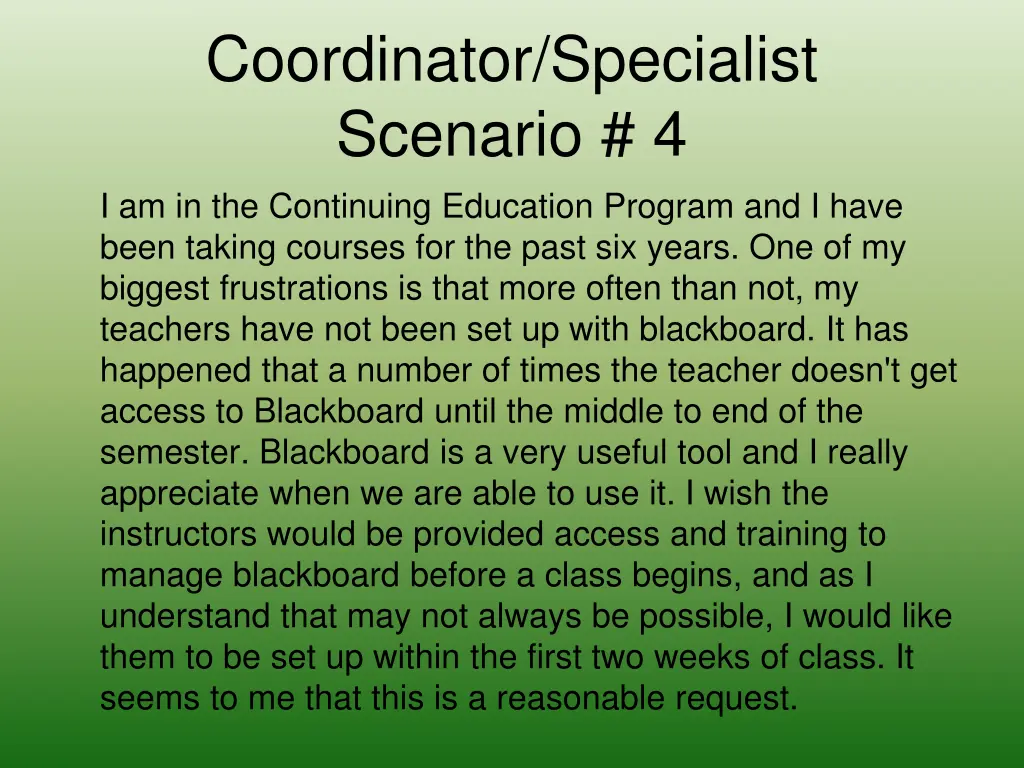 coordinator specialist scenario