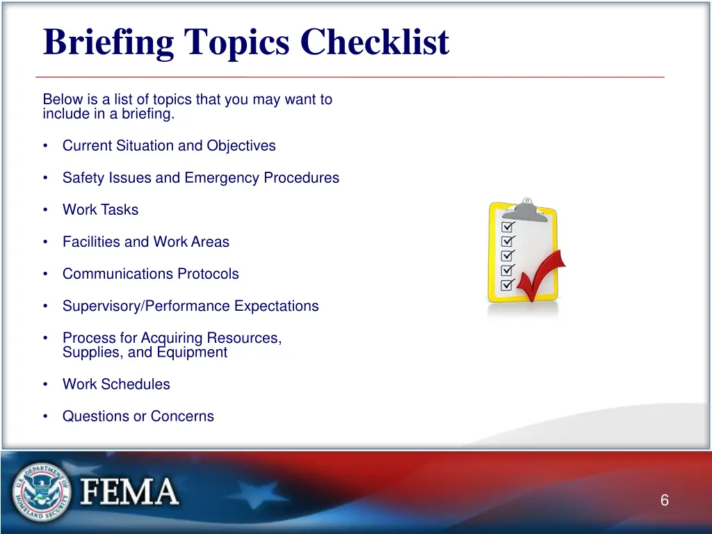 briefing topics checklist