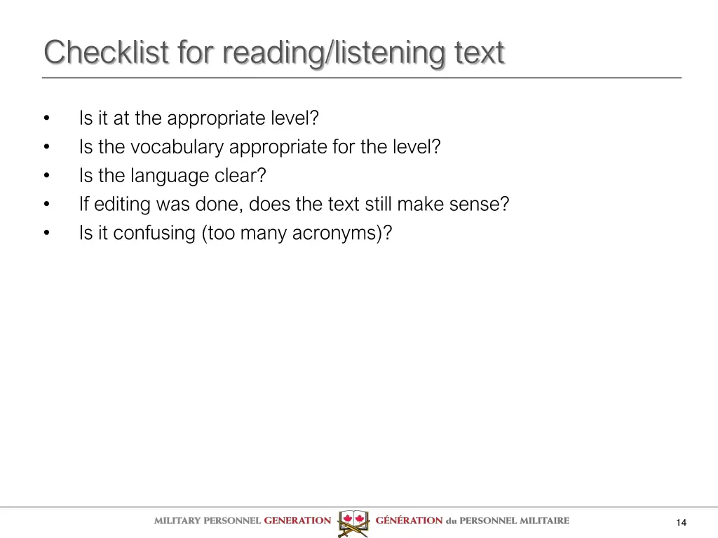 checklist for reading listening text