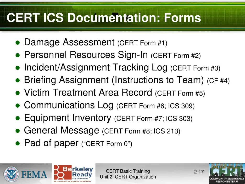 cert ics documentation forms