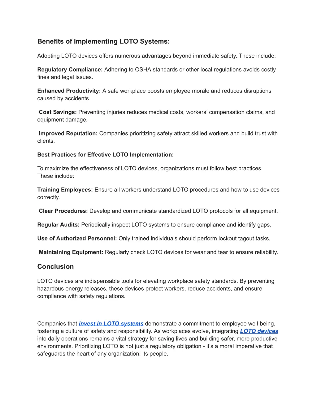 benefits of implementing loto systems