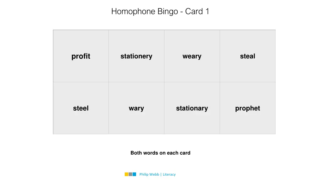 homophone bingo card 1