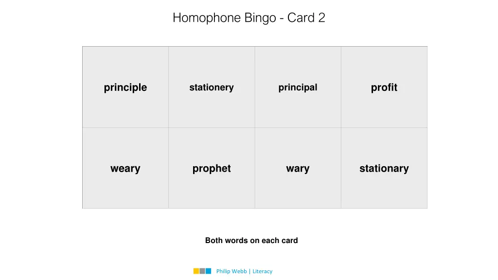 homophone bingo card 2