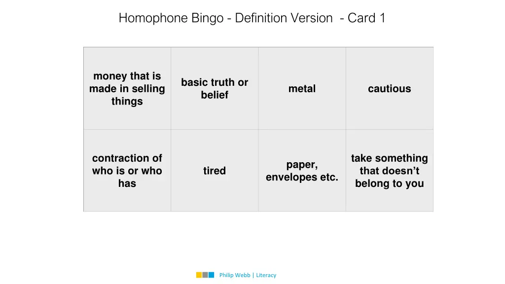 homophone bingo definition version card 1