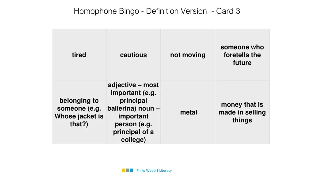 homophone bingo definition version card 3