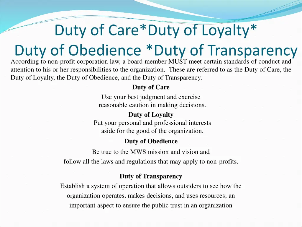 duty of care duty of loyalty duty of obedience