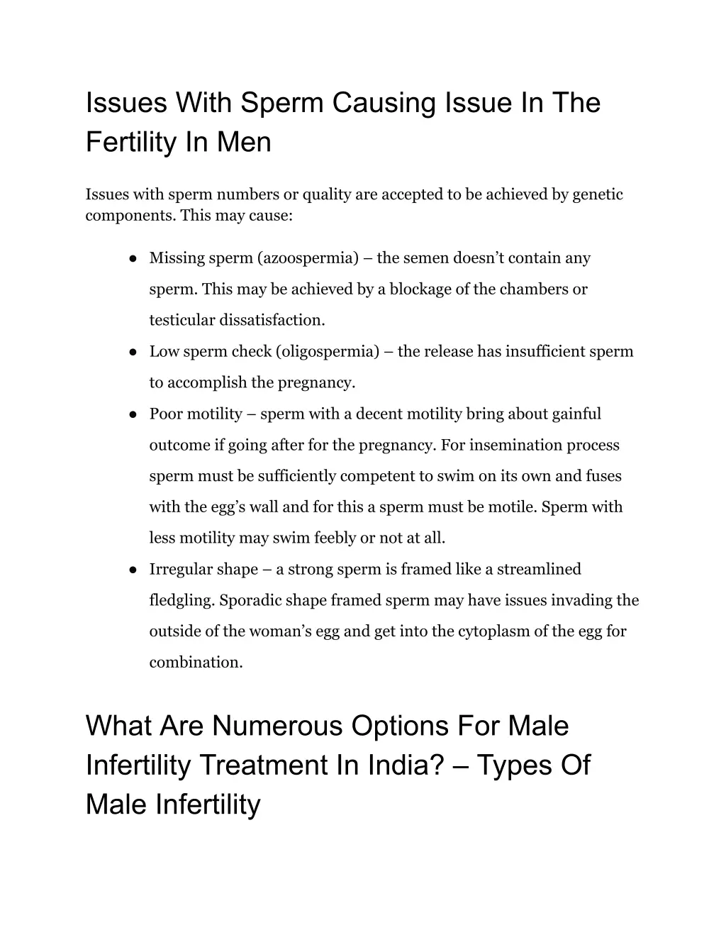issues with sperm causing issue in the fertility