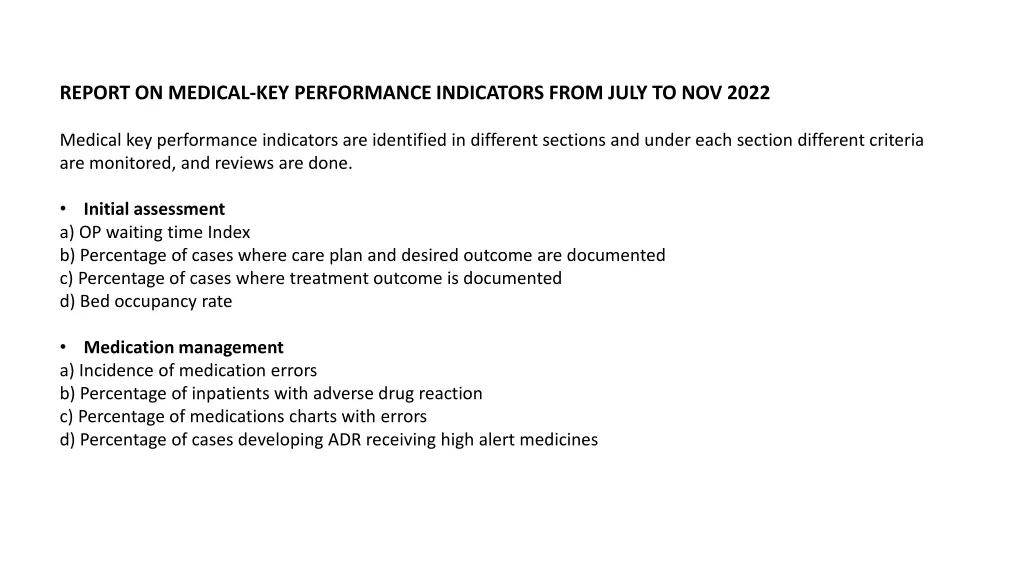 report on medical key performance indicators from