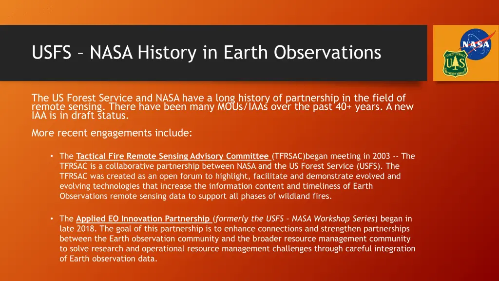 usfs nasa history in earth observations
