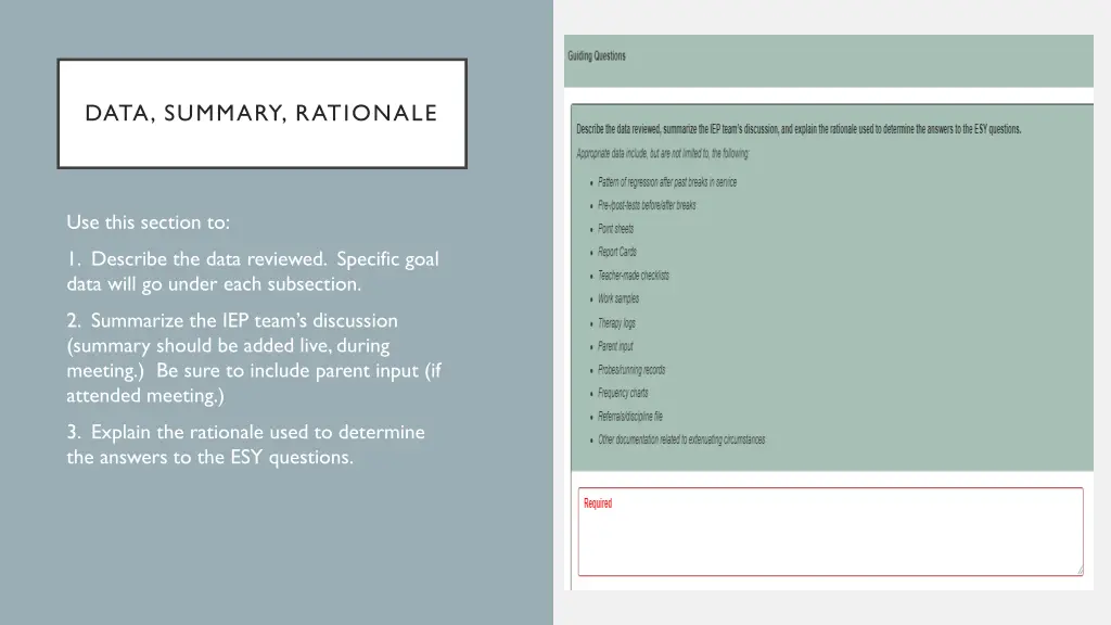 data summary rationale