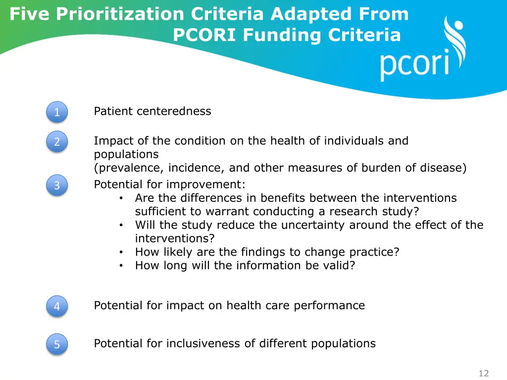 five prioritization criteria adapted from pcori