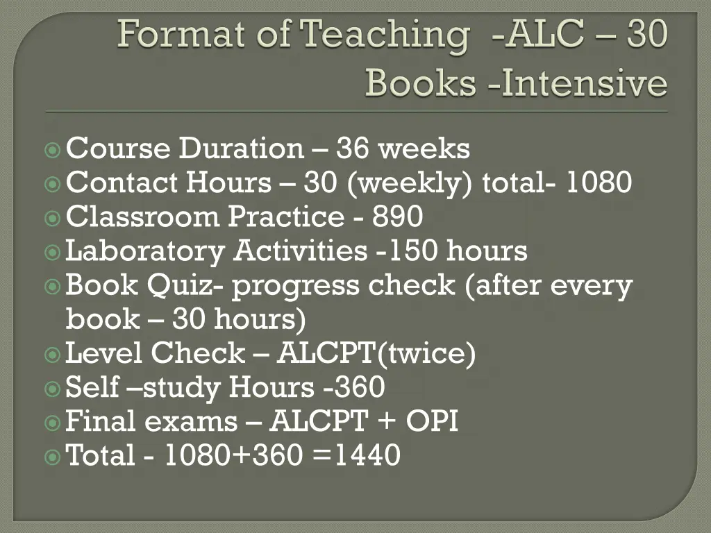 course duration 36 weeks contact hours 30 weekly