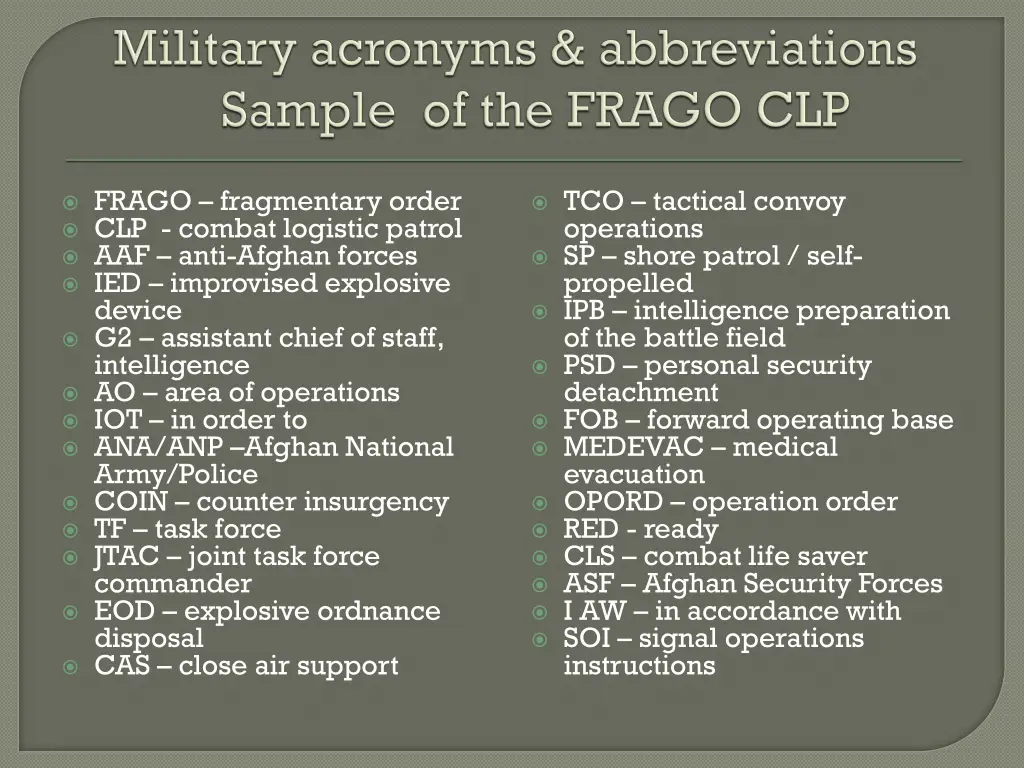 frago fragmentary order clp combat logistic