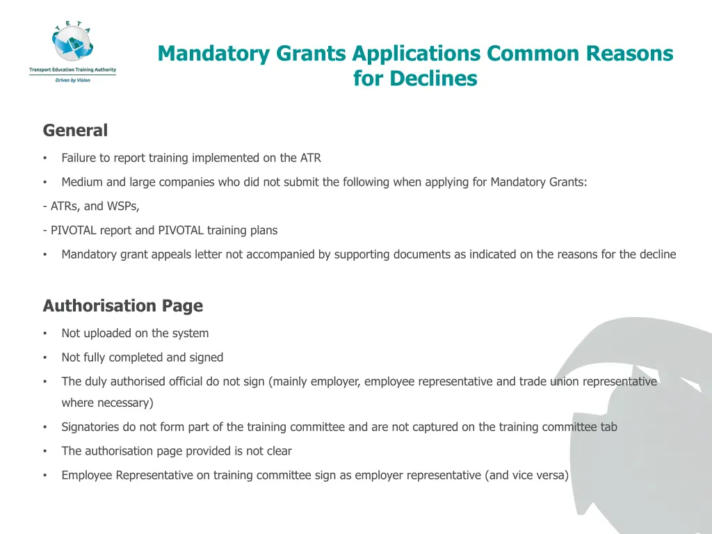 mandatory grants applications common reasons