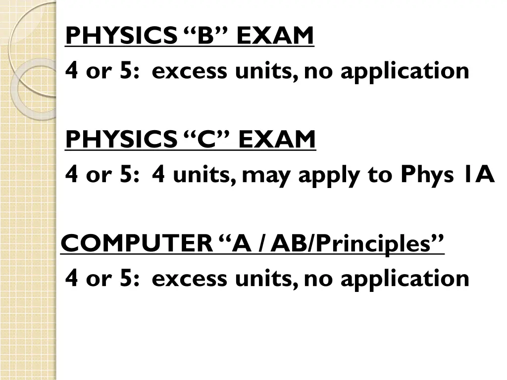 physics b exam 4 or 5 excess units no application