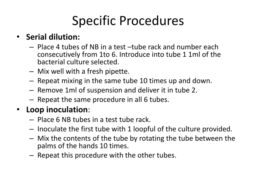 specific procedures serial dilution place 4 tubes