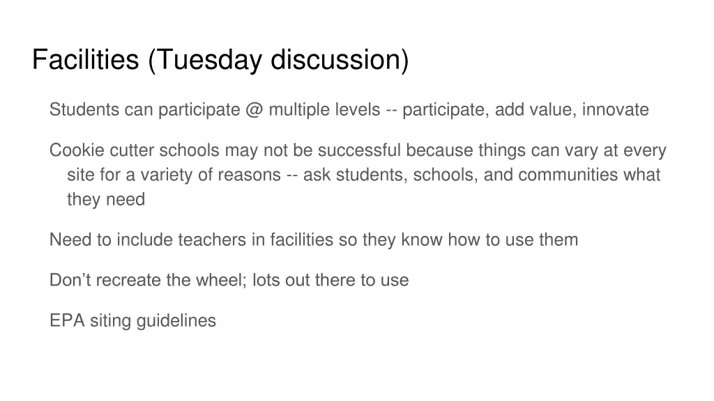 facilities tuesday discussion