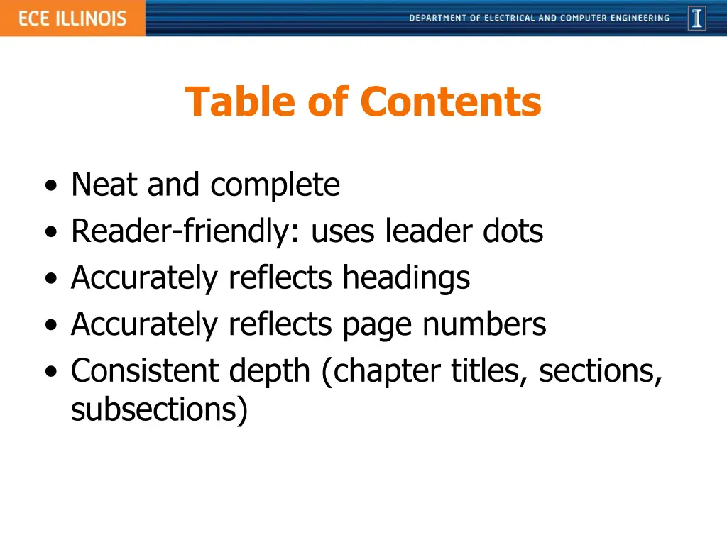 table of contents