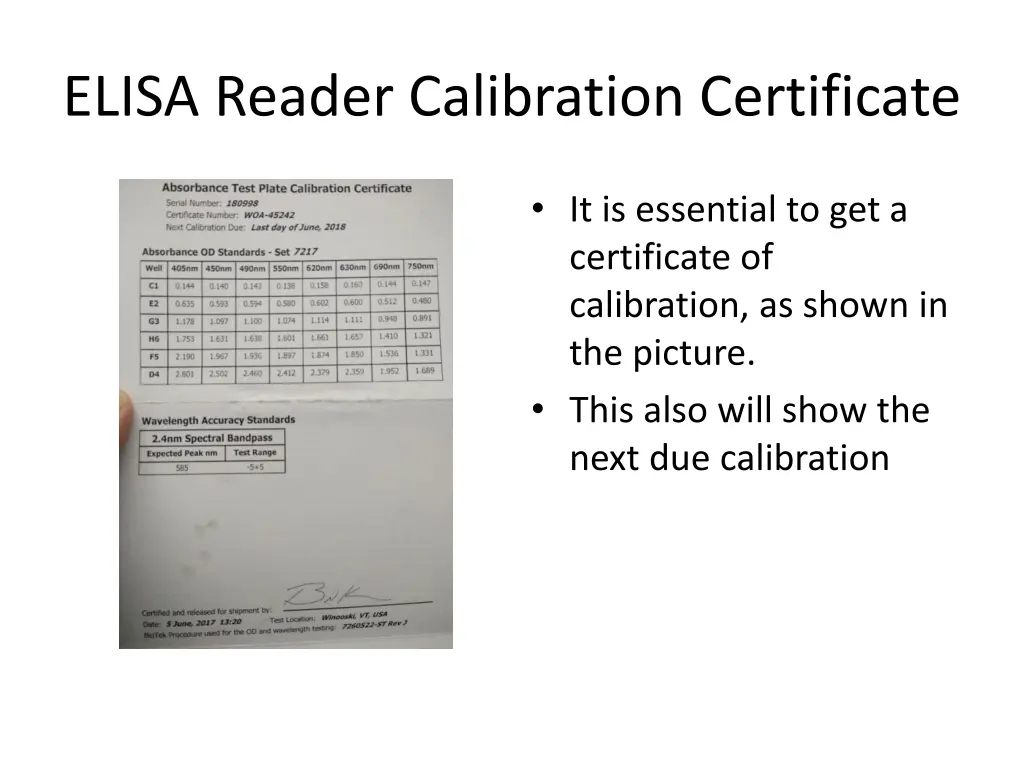 elisa reader calibration certificate