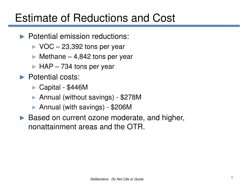 estimate of reductions and cost