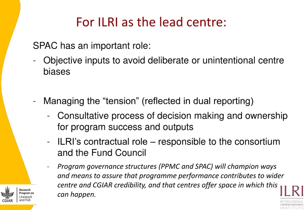 for ilri as the lead centre