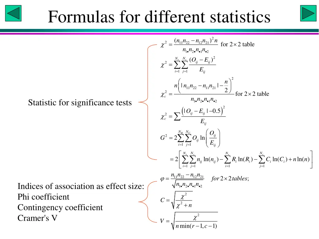 formulas for different statistics