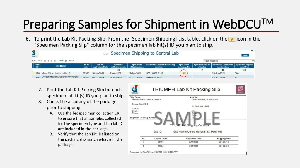 preparing samples for shipment in webdcu 1