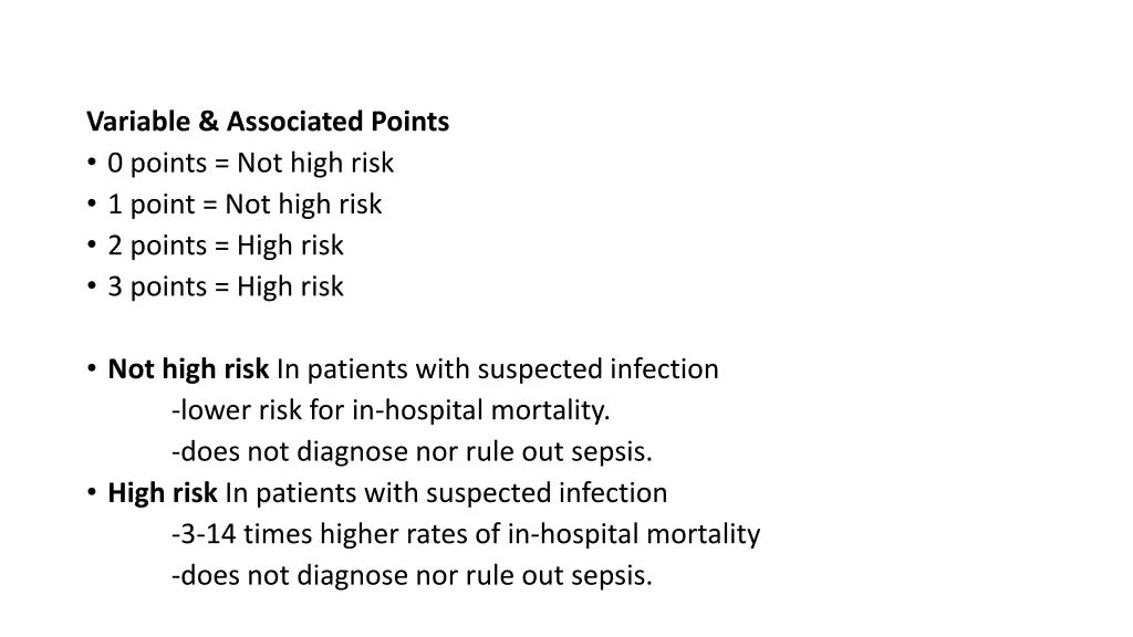 variable associated points 0 points not high risk