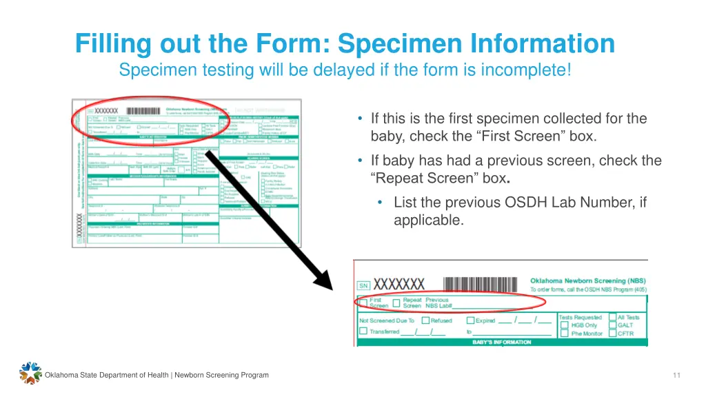 filling out the form specimen information
