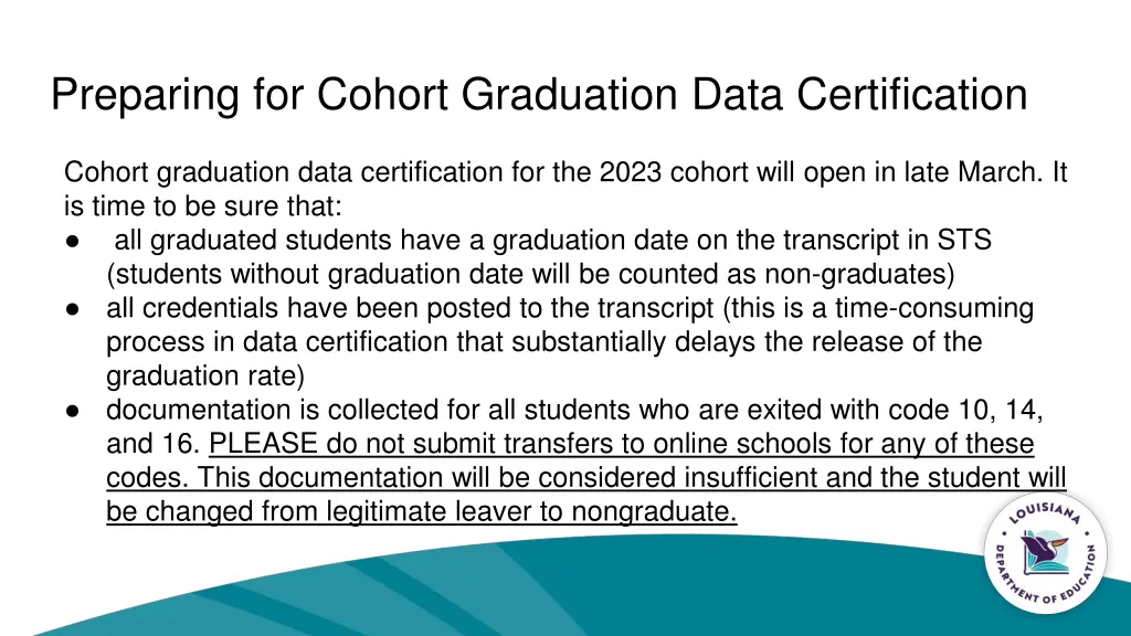 preparing for cohort graduation data certification