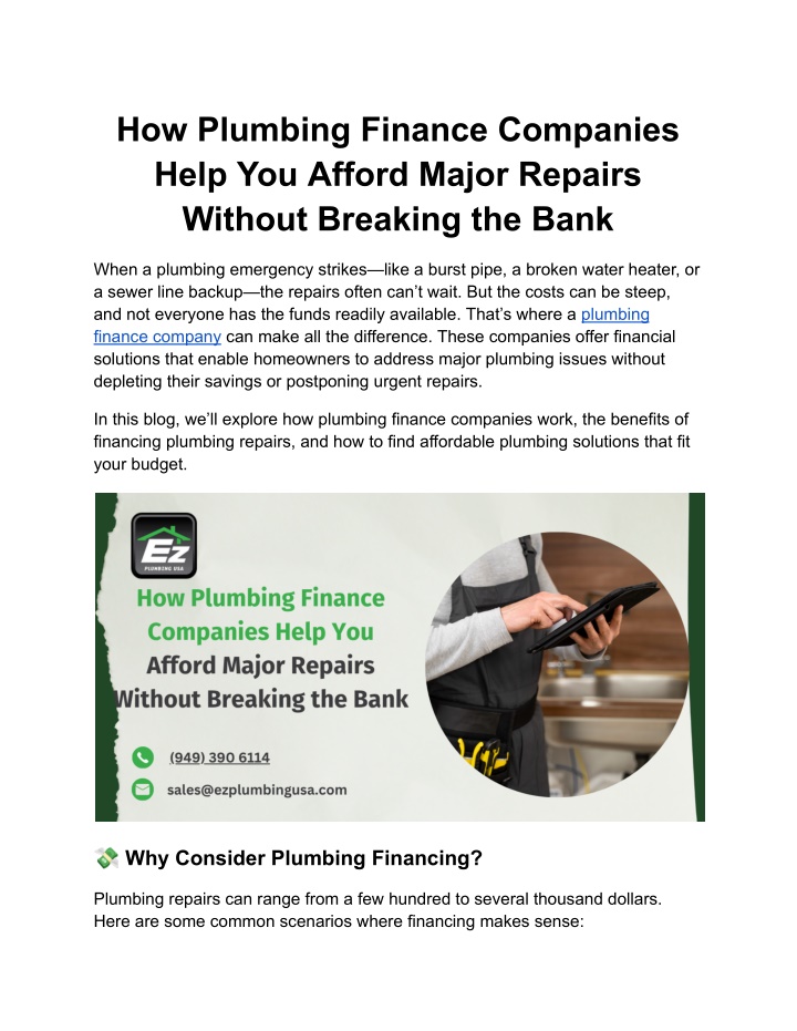 how plumbing finance companies help you afford
